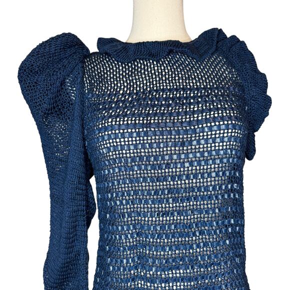 Magda Butrym Crochet Cotton and Leather One Sleeve Mini Dress in Curaçao Navy - Picture 2 of 9